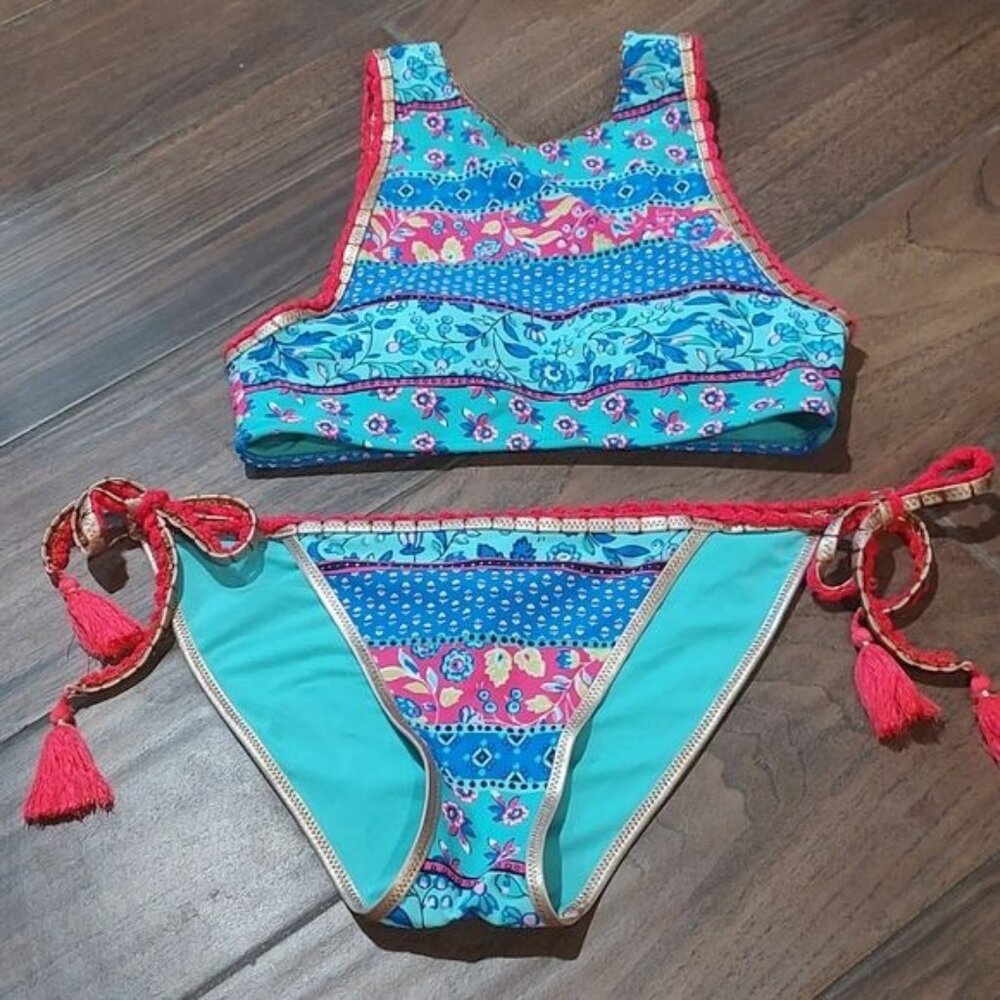 Aerie S boho crochet bikini swim high neck tassel tie side
